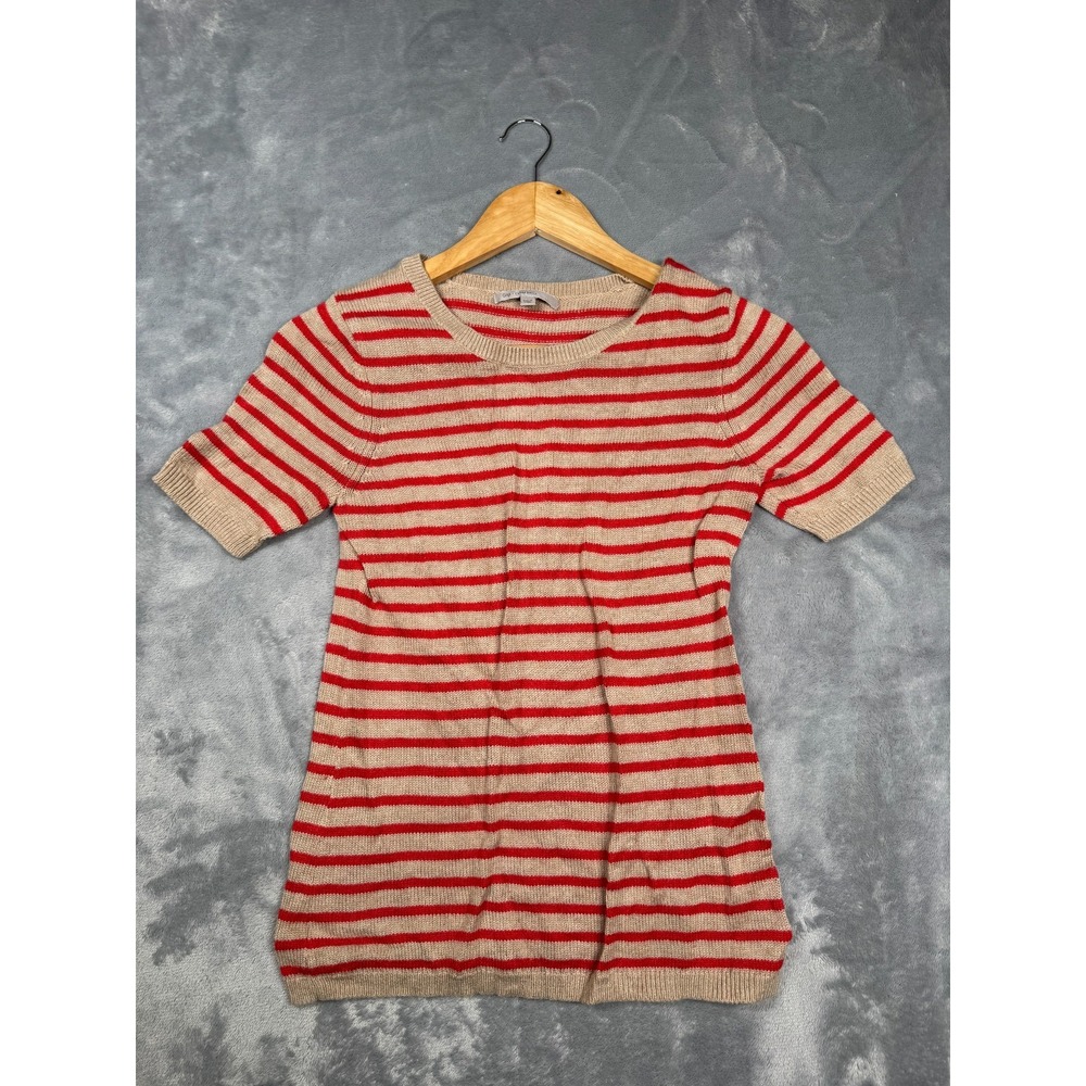 Gap Womens XS Beige Red Striped Wool Blend Crew Neck Short Sleeve Sweater